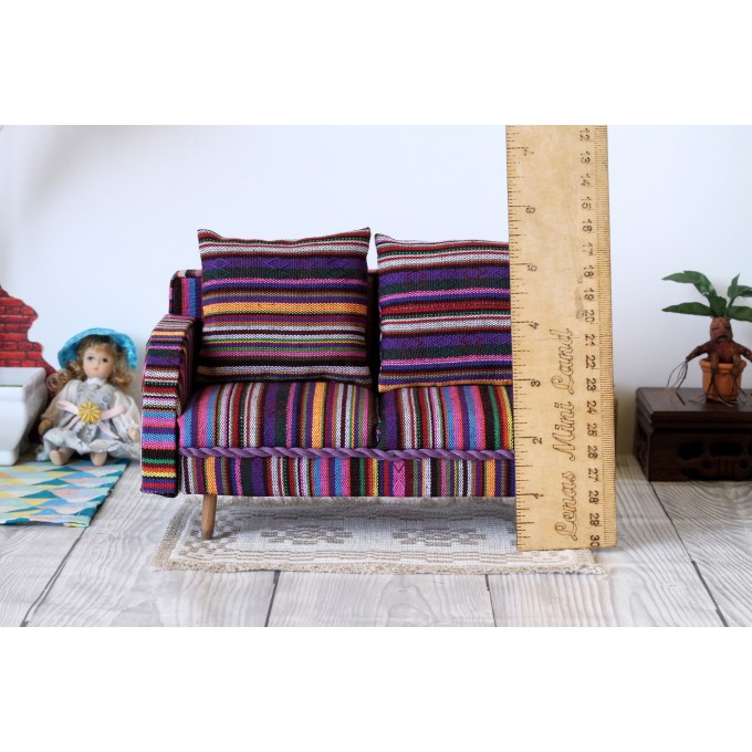 Miniature striped sofa 1:6 scale. Violet textile 