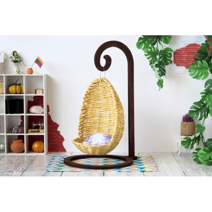 Miniature wicker hanging chair with wood stand 1:6 scale