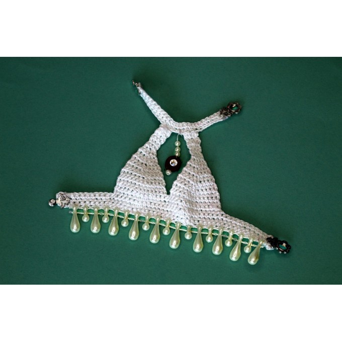 Minifee doll top, crochet white deep neckline 1:4 