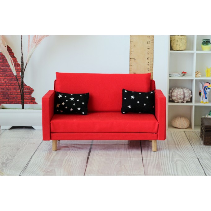 Miniature red sofa, dollhouse furniture 1:6 scale