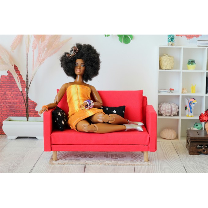 Miniature red sofa, dollhouse furniture 1:6 scale