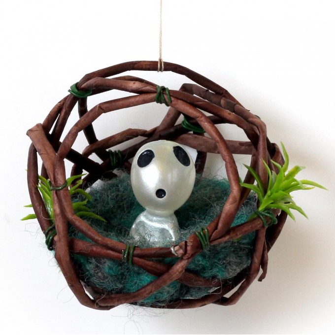 Miniature ghost sitting in the nest, dollhouse fairy forest