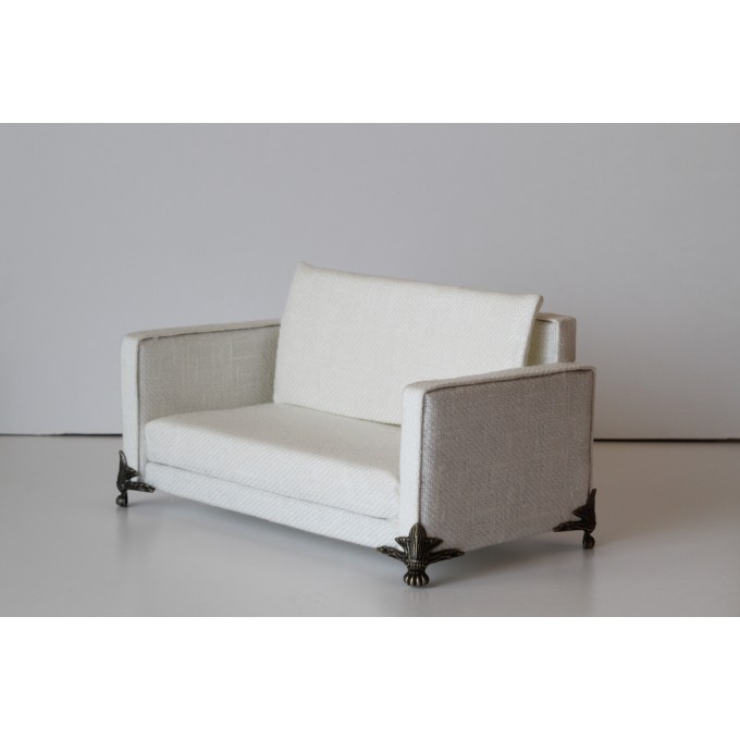 Dollhouse sofa white color with metal legs. Miniature furniture
