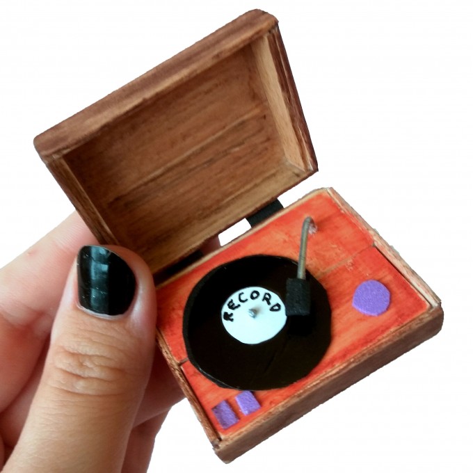 Miniature record player with vinyl record. 1:6 scale dollhouse