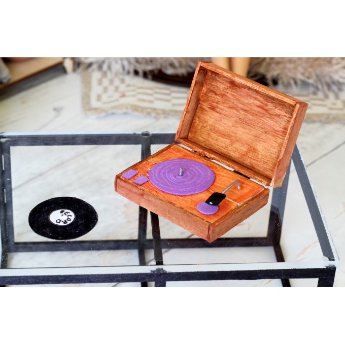 Miniature record player with vinyl record. 1:6 scale dollhouse