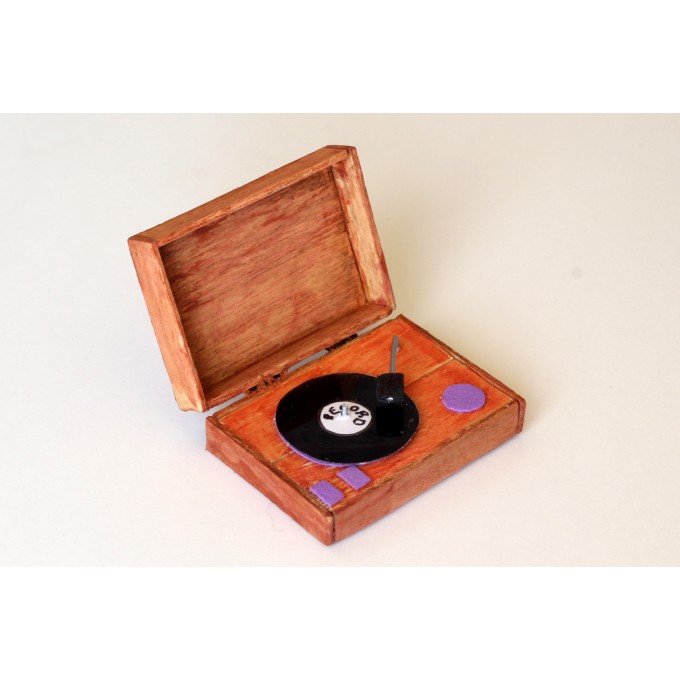 Miniature record player with vinyl record. 1:6 scale dollhouse