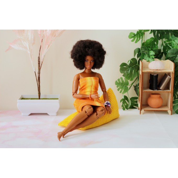 Miniature knitted beanbag dollhouse furniture, bright yellow