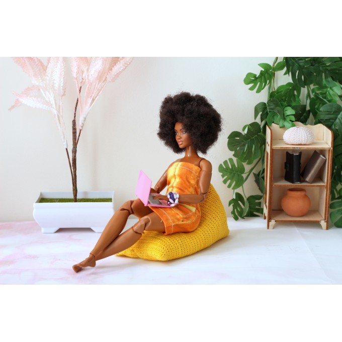 Miniature knitted beanbag dollhouse furniture, bright yellow