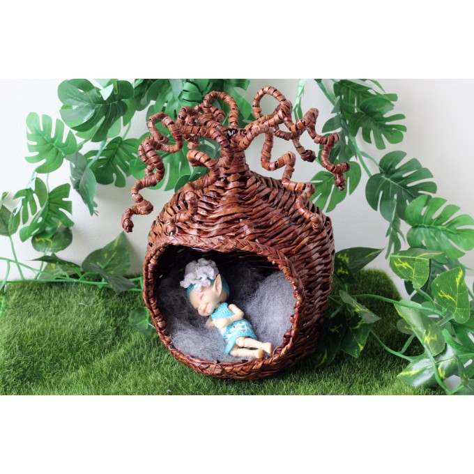 Miniature wicker hanging chair hideout with curled 