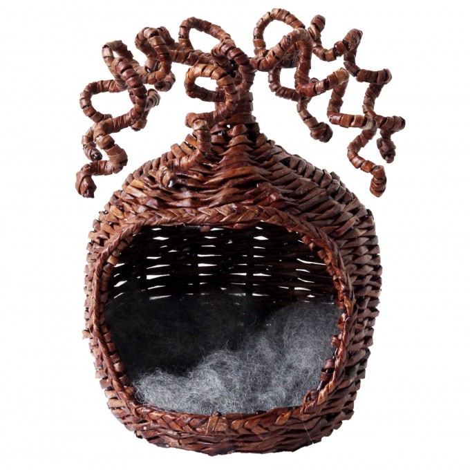 Miniature wicker hanging chair hideout with curled 