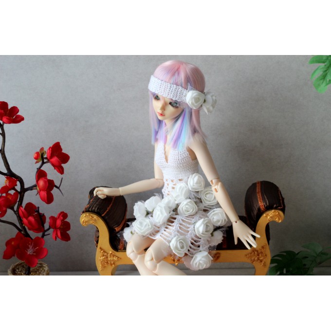 Crochet Minifee doll dress, white flowers rose outfit 