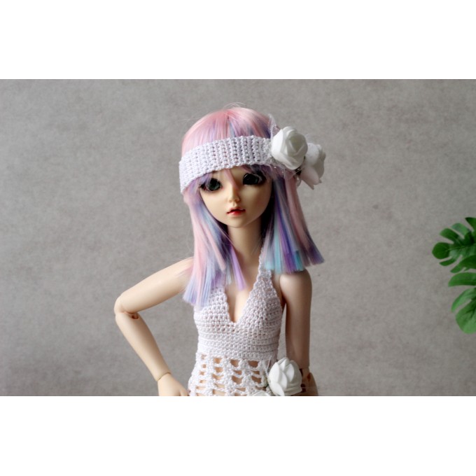 Crochet Minifee doll dress, white flowers rose outfit 