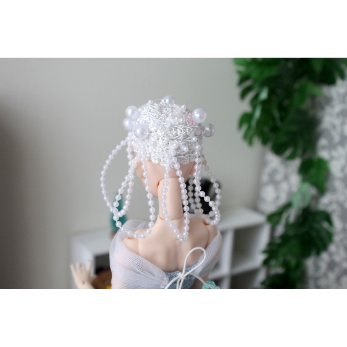 Popovy sister doll elegant hat, lace beads white head cover