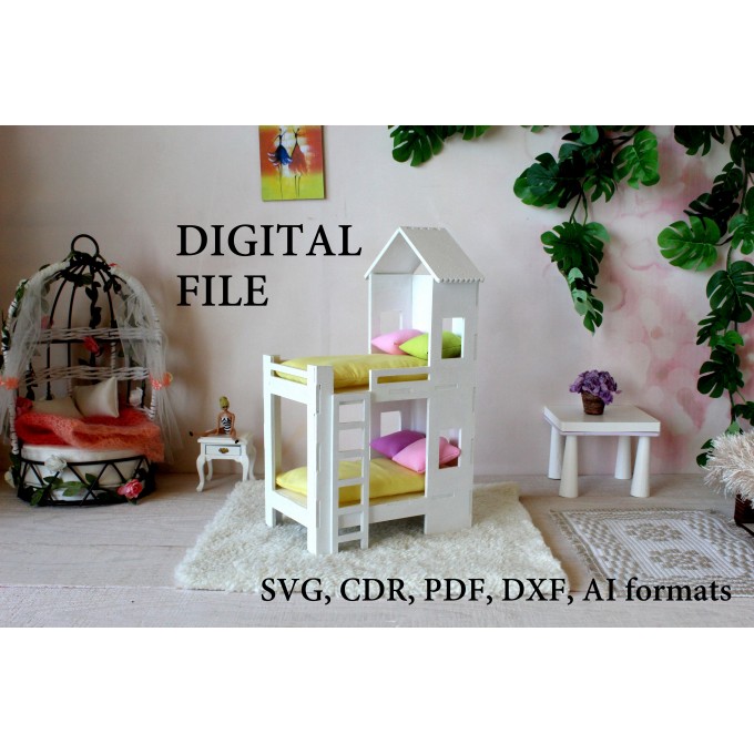 Miniature bunk bed digital file, 1:12 scale dollhouse