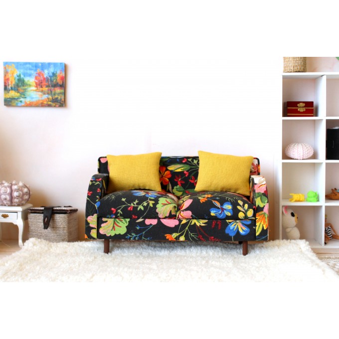 Miniature sofa 1:6 scale bright colorful dollhouse