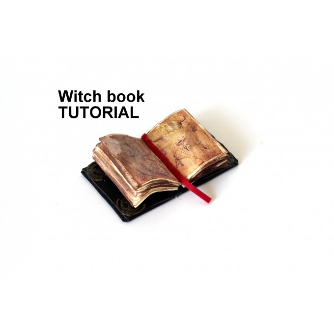 Miniature witch book tutorial, old pages leather cover 