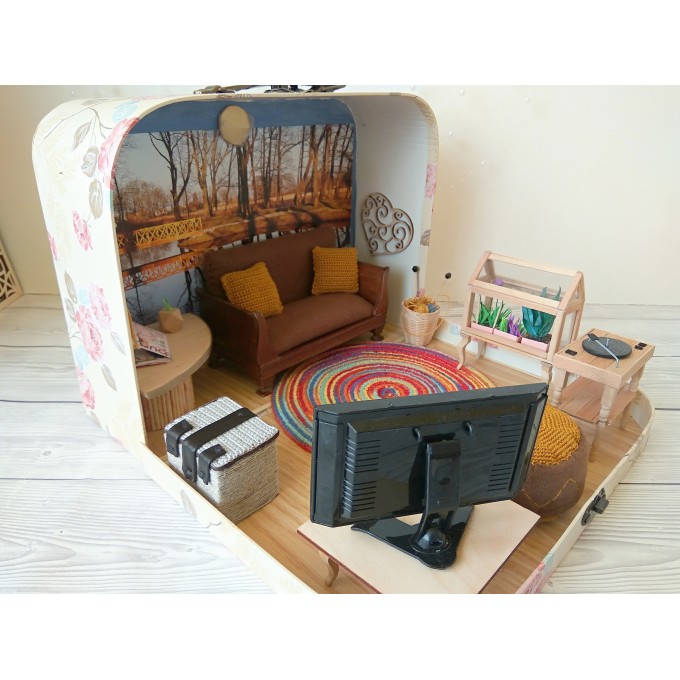 Dollhouse suitcase in 1:12 scale. Knitting lovers 