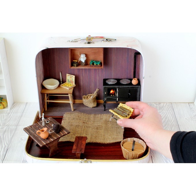 Travel dollhouse suitcase furniture rustic retro