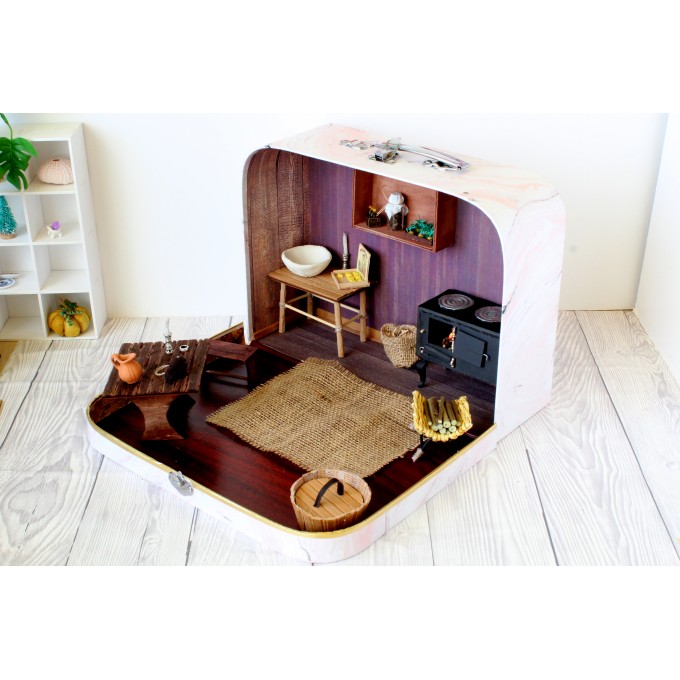 Travel dollhouse suitcase furniture rustic retro