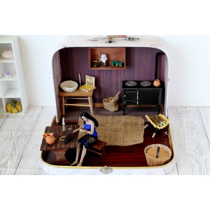 Travel dollhouse suitcase furniture rustic retro