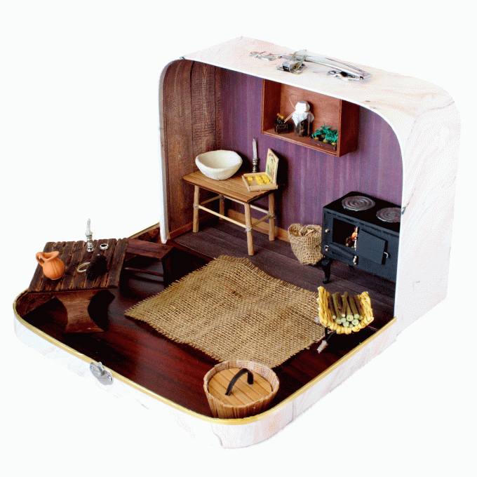 Travel dollhouse suitcase furniture rustic retro