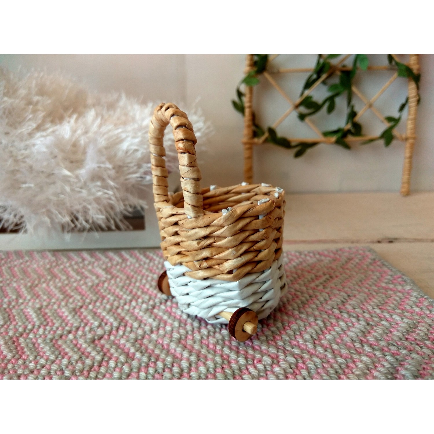 Miniature shopping trolley, basket for toys dollhouse nursery. Market